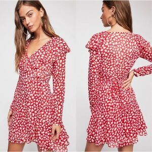 Free People Frenchie Red spotted Mini Wrap ruffle collar Dress Size small